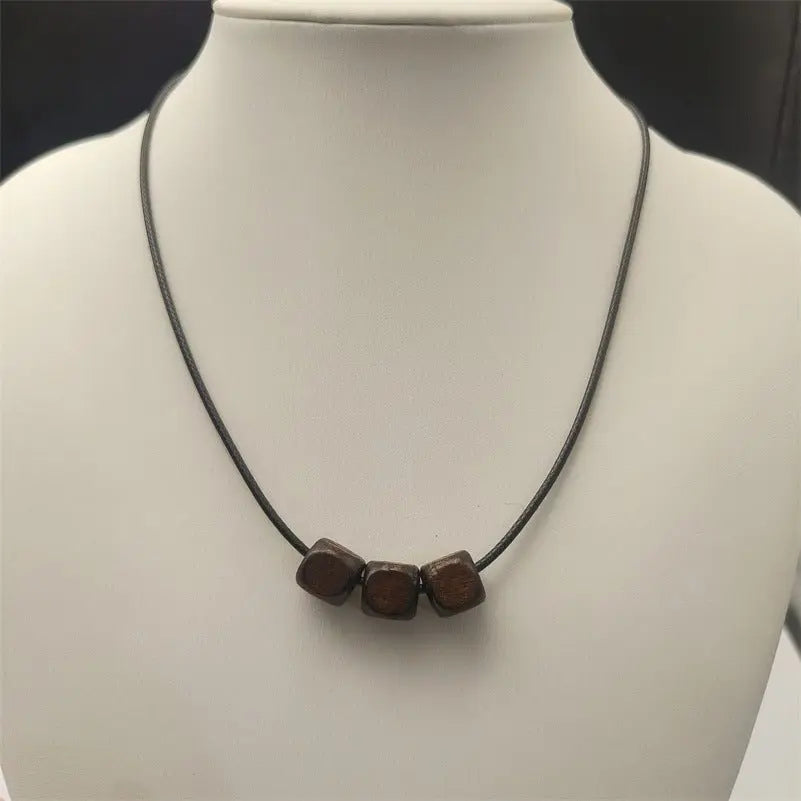 Bohemian Retro Style Black Braided Rope Leather Rope Wooden Bead Beaded Necklace