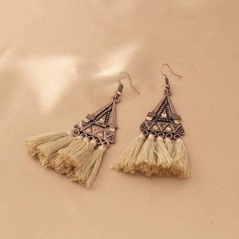Bohemian Triangle Metal Khaki Rope Tassel Ethnic Style Tassel Earrings
