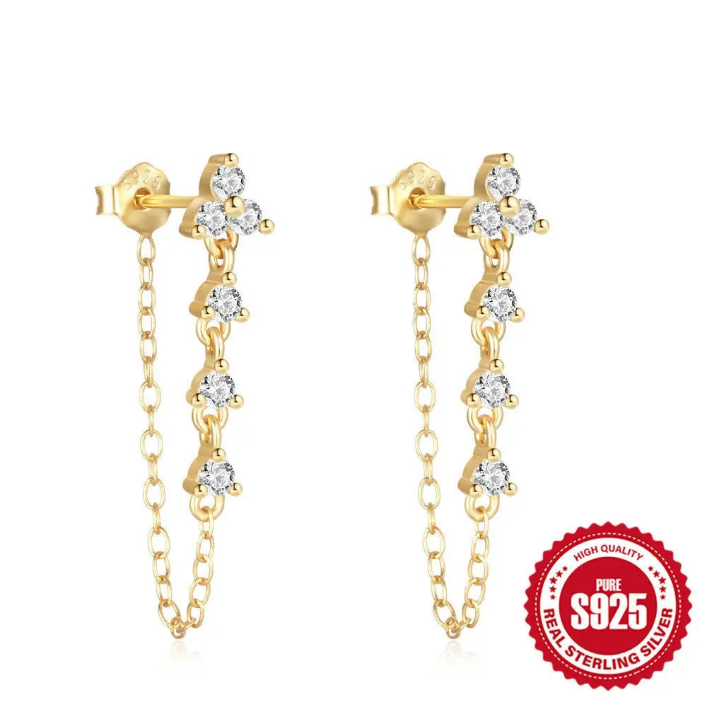 Female Pure Silver Chain Connected Diamond Studded Earrings