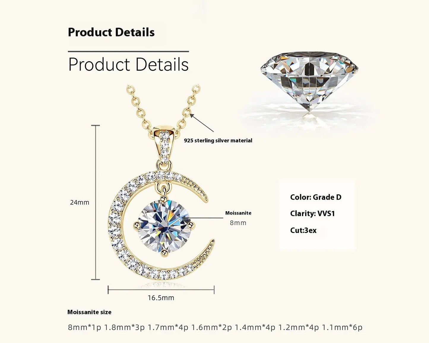 Women's Minimalist Pure Silver Crescent Shaped Moissanite Pendant Necklace